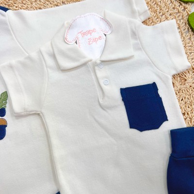  CONJ. DE MALHA 3 PEÇAS - Leãozinho com Jeep - Marinho e Off White